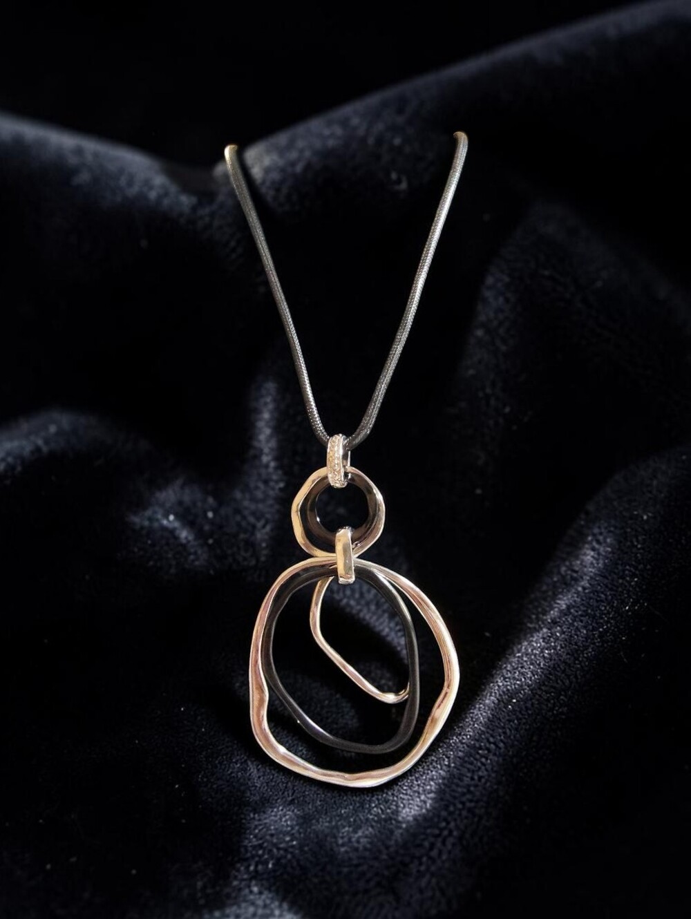 Silver-Tone Interlocking Circle Pendant Necklace - Black Cord